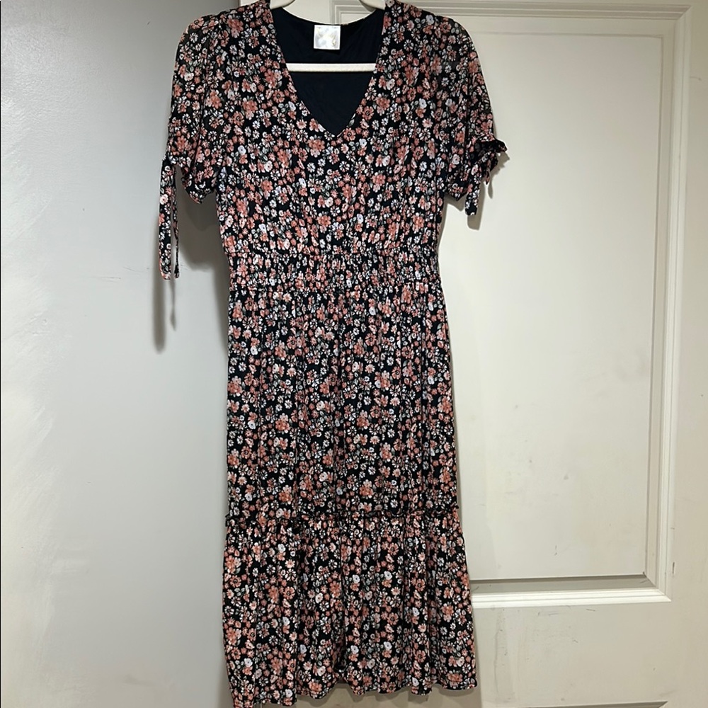 Pink and Red Tiered Ruffled Midi Dress with Flutter Sleeves